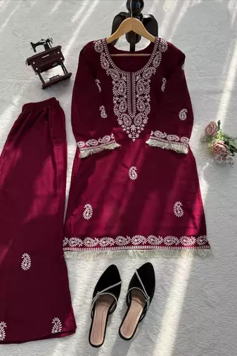 Maroon reyon thread work kurti with  pant