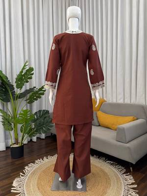 Brown reyon thread work kurti with  pant 5