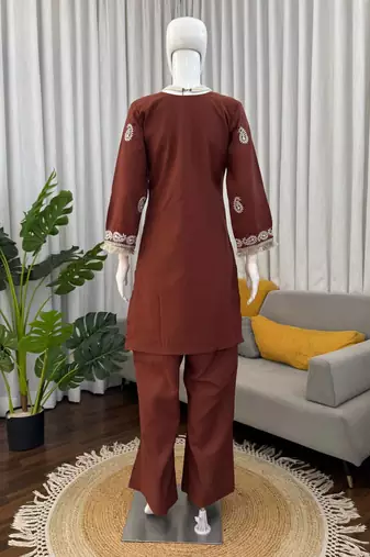 Brown reyon thread work kurti with  pant