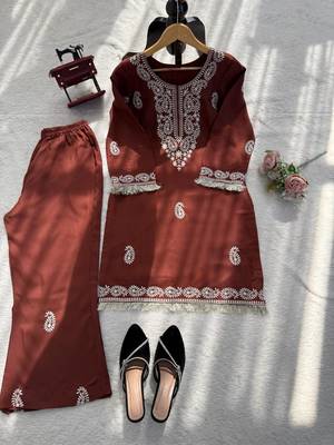 Brown reyon thread work kurti with  pant 6