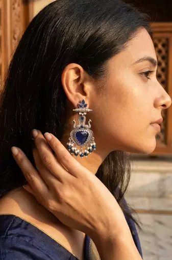 Royal blue peacock oxidised statement earrings