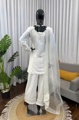 Off white crepe thread with sequin farshi salwar suit