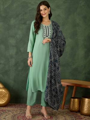 Women's Beautiful Thread Work Rayon Fabric Straight Kurta Pant and Dupatta Set 1