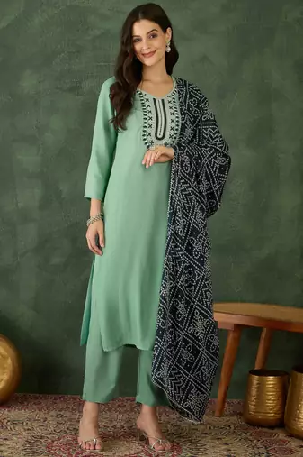 Women's Beautiful Thread Work Rayon Fabric Straight Kurta Pant and Dupatta Set