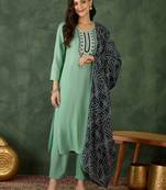 Women's Beautiful Thread Work Rayon Fabric Straight Kurta Pant and Dupatta Set