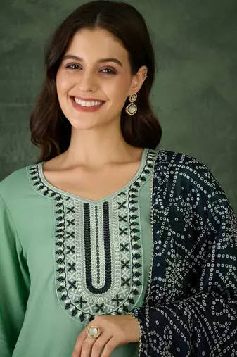 Women's Beautiful Thread Work Rayon Fabric Straight Kurta Pant and Dupatta Set