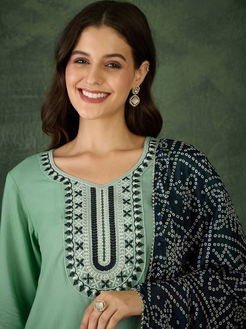 Women's Beautiful Thread Work Rayon Fabric Straight Kurta Pant and Dupatta Set