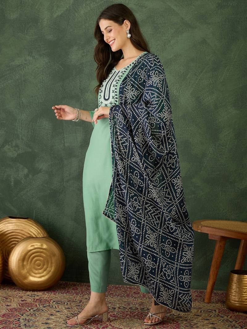 Women's Beautiful Thread Work Rayon Fabric Straight Kurta Pant and Dupatta Set