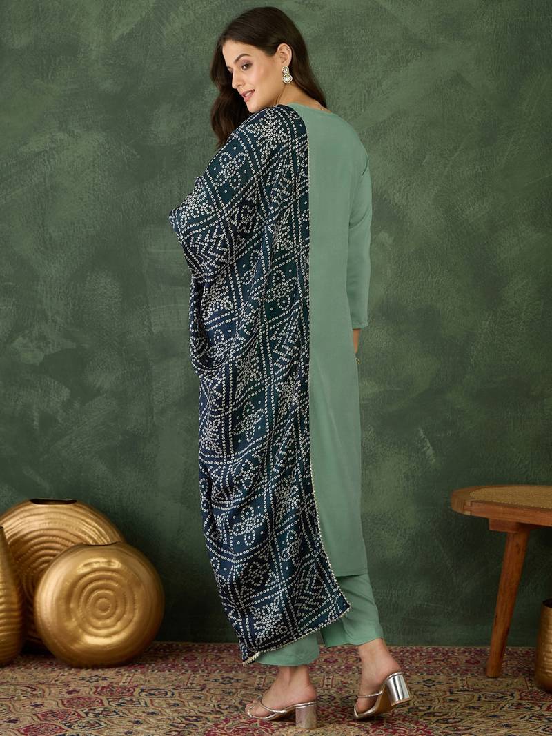 Women's Beautiful Thread Work Rayon Fabric Straight Kurta Pant and Dupatta Set