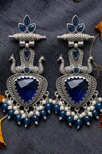 Royal blue peacock oxidised statement earrings