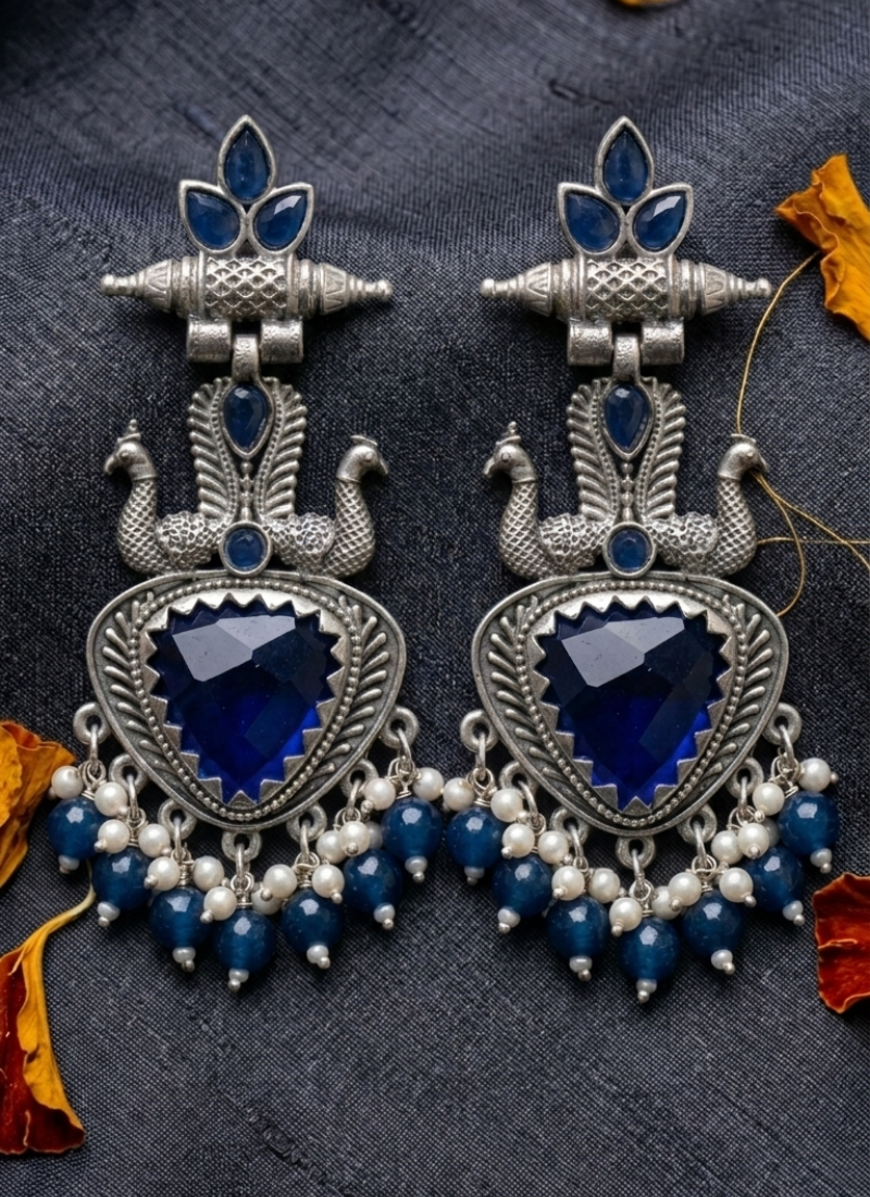 Royal blue peacock oxidised statement earrings