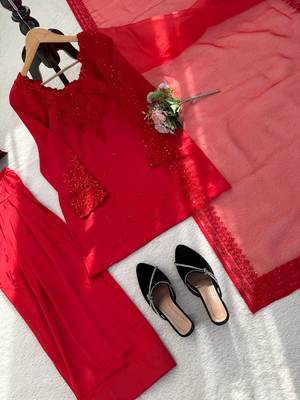 Red crepe thread with sequin farshi salwar suit 5