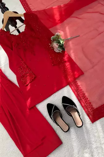 Red crepe thread with sequin farshi salwar suit
