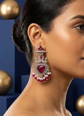 Ruby red peacock oxidised statement earrings 2