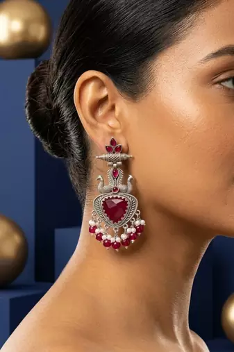 Ruby red peacock oxidised statement earrings