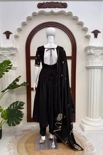 Black vichitra silk thread with sequin anarkali suit