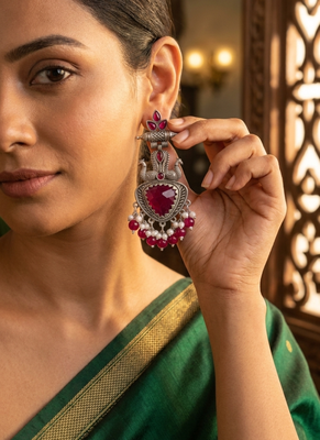 Ruby red peacock oxidised statement earrings 3