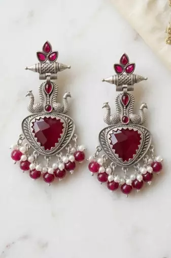 Ruby red peacock oxidised statement earrings