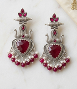 Ruby red peacock oxidised statement earrings