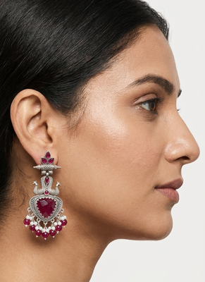 Ruby red peacock oxidised statement earrings 4
