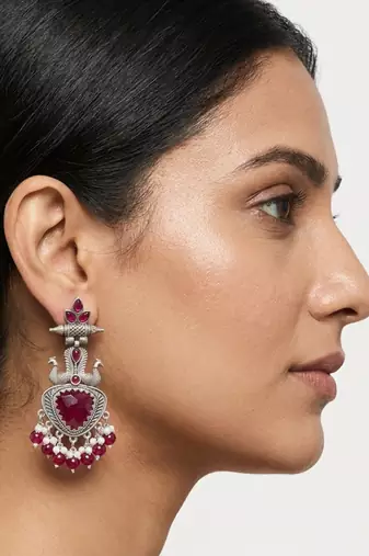 Ruby red peacock oxidised statement earrings