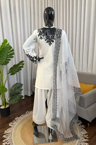 Off white crepe thread with sequin farshi salwar suit