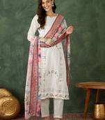 Women's Beautiful Embroidery Work Cotton Fabric Straight Kurta Pant and Dupatta Set