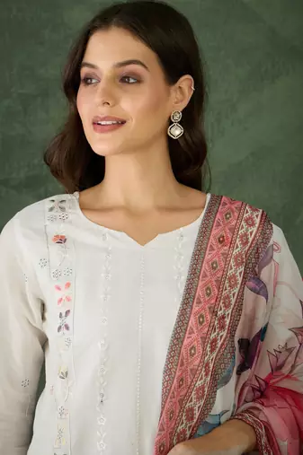 Women's Beautiful Embroidery Work Cotton Fabric Straight Kurta Pant and Dupatta Set