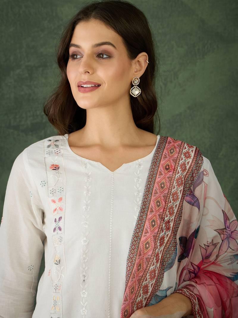 Women's Beautiful Embroidery Work Cotton Fabric Straight Kurta Pant and Dupatta Set
