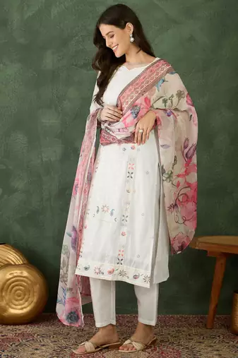 Women's Beautiful Embroidery Work Cotton Fabric Straight Kurta Pant and Dupatta Set