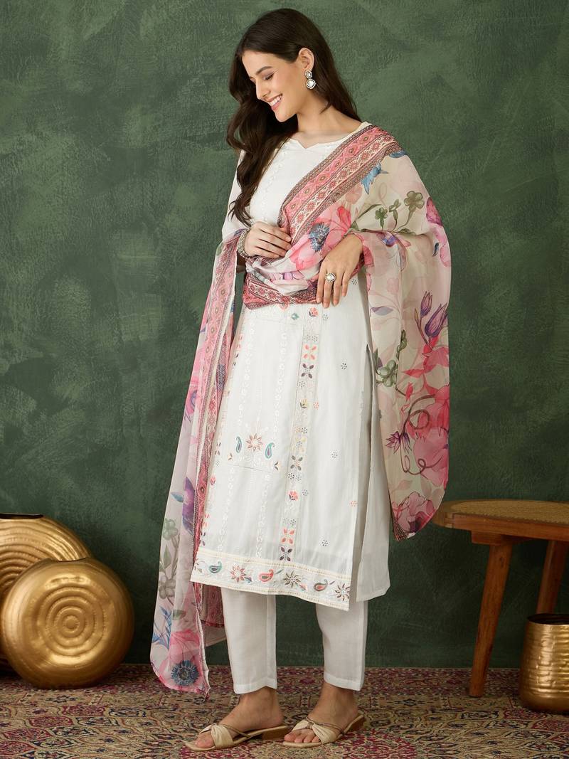 Women's Beautiful Embroidery Work Cotton Fabric Straight Kurta Pant and Dupatta Set