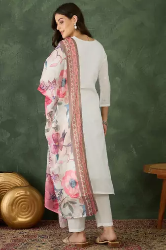 Women's Beautiful Embroidery Work Cotton Fabric Straight Kurta Pant and Dupatta Set
