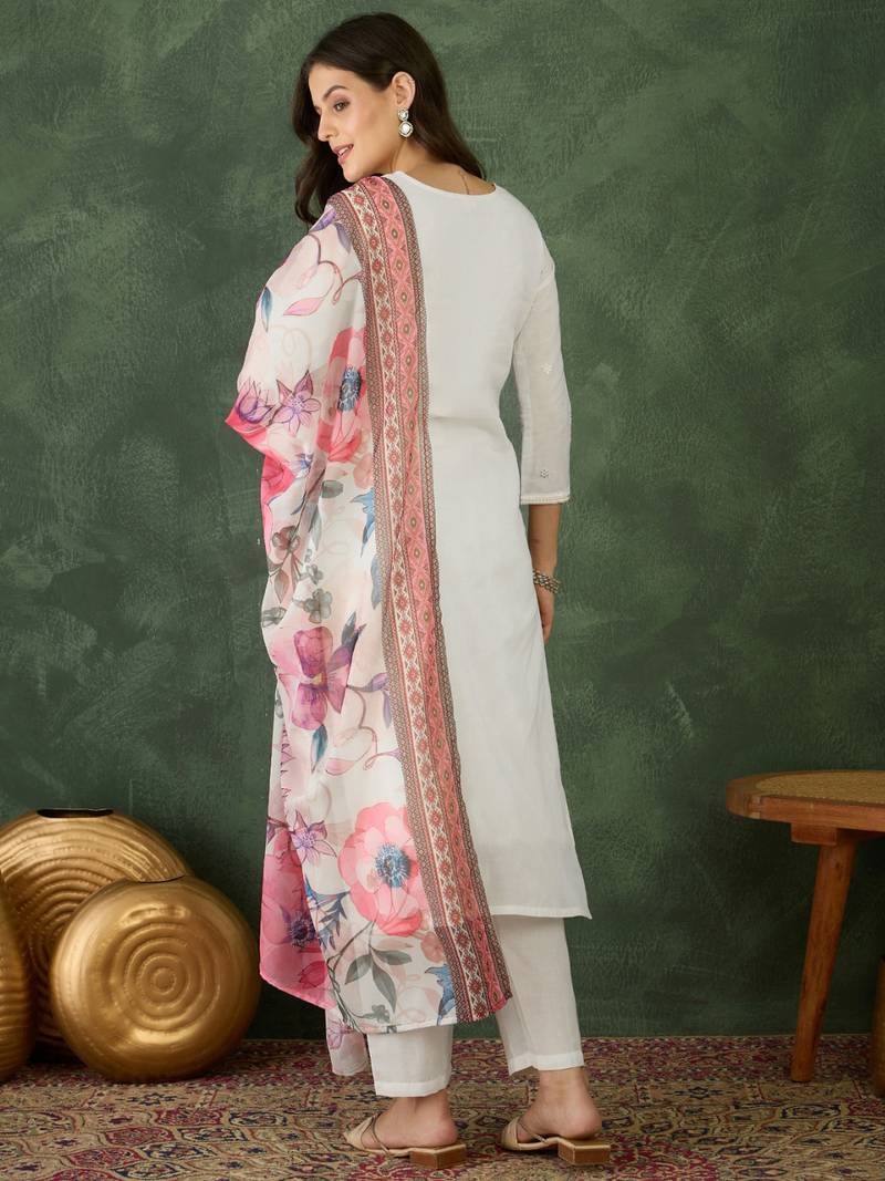 Women's Beautiful Embroidery Work Cotton Fabric Straight Kurta Pant and Dupatta Set