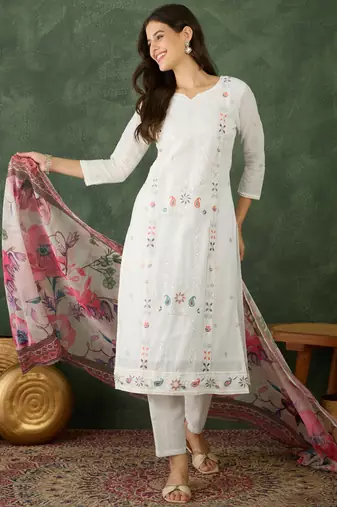 Women's Beautiful Embroidery Work Cotton Fabric Straight Kurta Pant and Dupatta Set