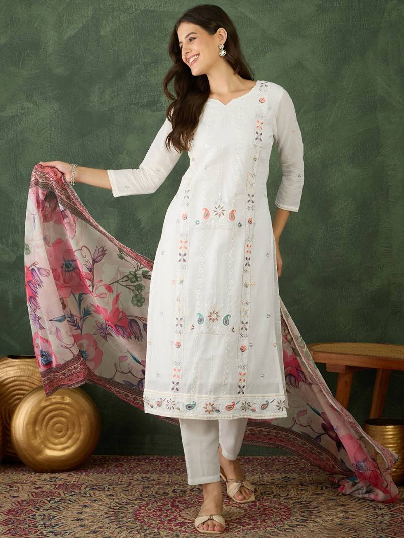 Women's Beautiful Embroidery Work Cotton Fabric Straight Kurta Pant and Dupatta Set