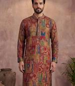 Mens viscose rayon multi abstract printed calf length straight kurta with trousers