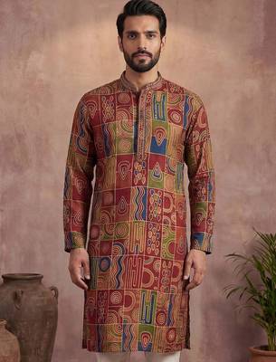Mens viscose rayon multi abstract printed calf length straight kurta with trousers 2