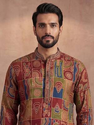 Mens viscose rayon multi abstract printed calf length straight kurta with trousers 3