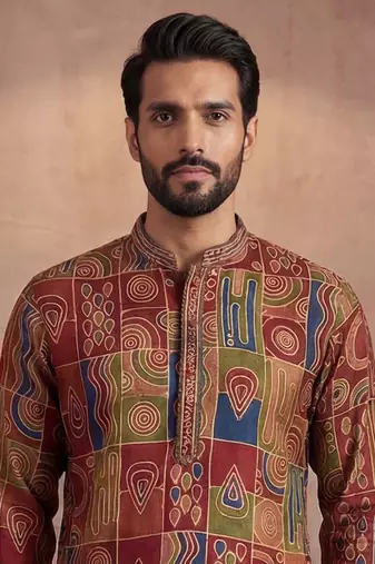 Mens viscose rayon multi abstract printed calf length straight kurta with trousers