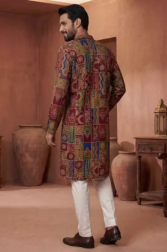 Mens viscose rayon multi abstract printed calf length straight kurta with trousers