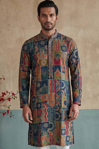 Mens viscose rayon multi abstract printed calf length straight kurta with trousers