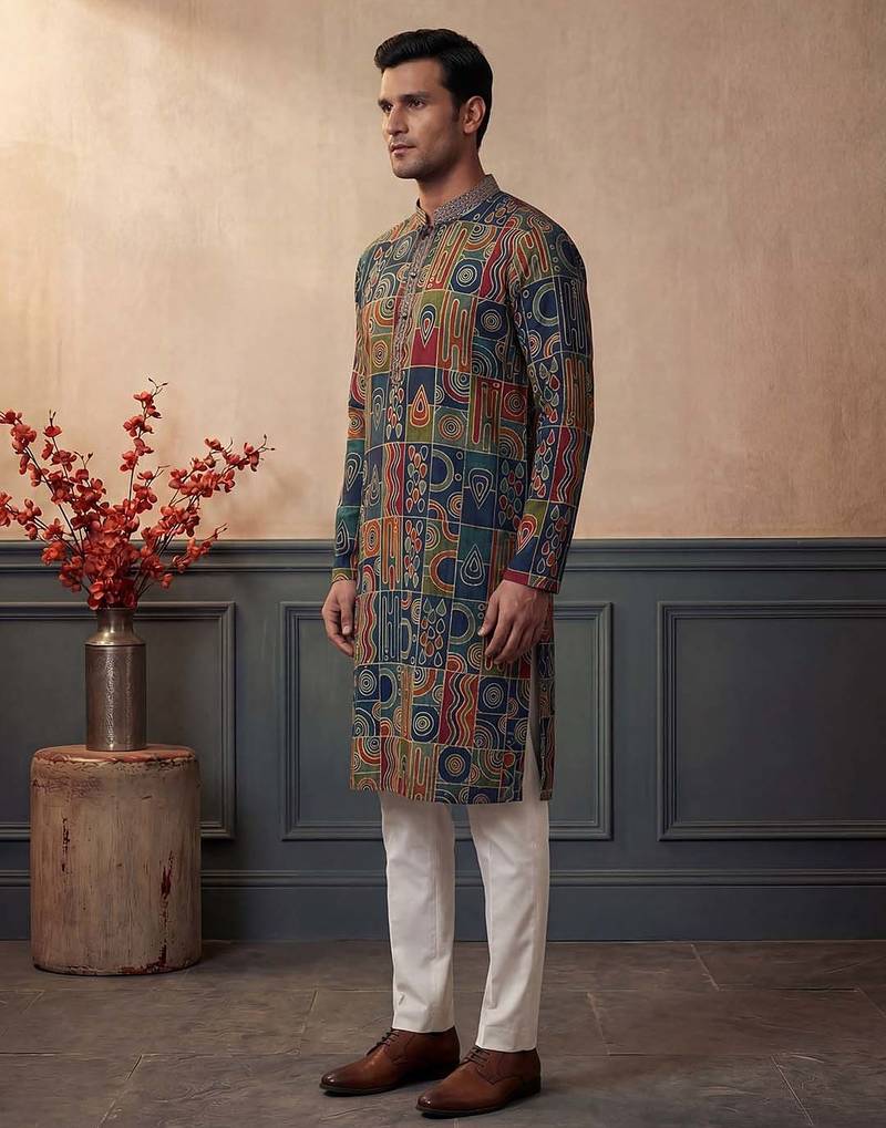 Mens viscose rayon multi abstract printed calf length straight kurta with trousers