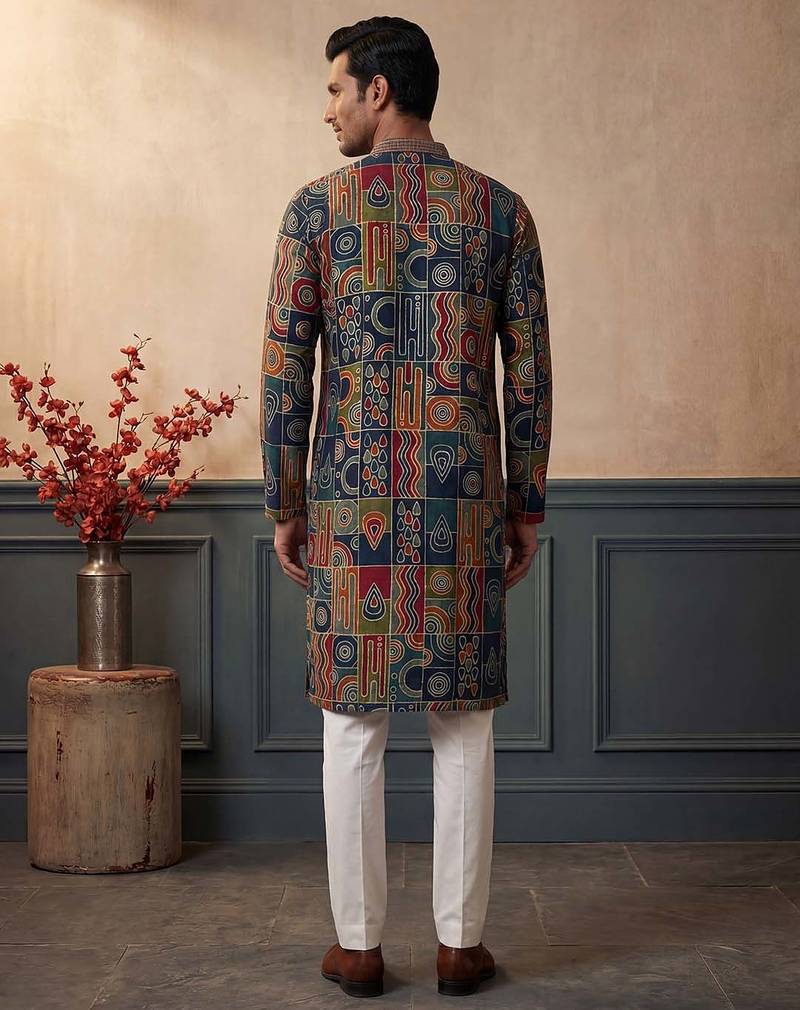 Mens viscose rayon multi abstract printed calf length straight kurta with trousers