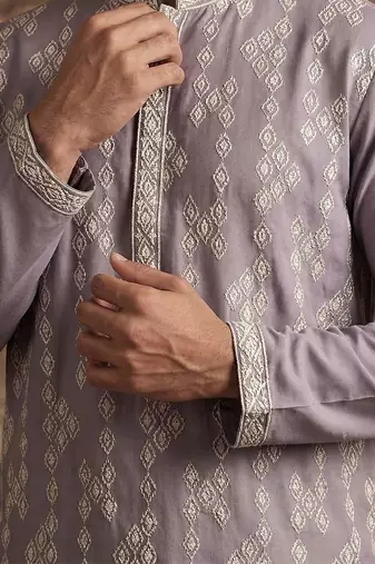 Mens silk blend lavender solid embroidered calf length straight kurta with trousers