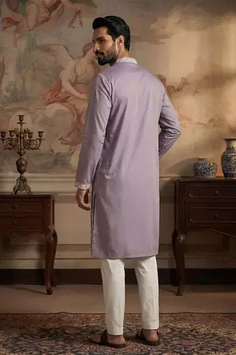 Mens silk blend lavender solid embroidered calf length straight kurta with trousers