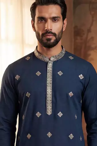 Mens silk blend blue solid embroidered calf length straight kurta with trousers