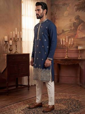 Mens silk blend blue solid embroidered calf length straight kurta with trousers 4
