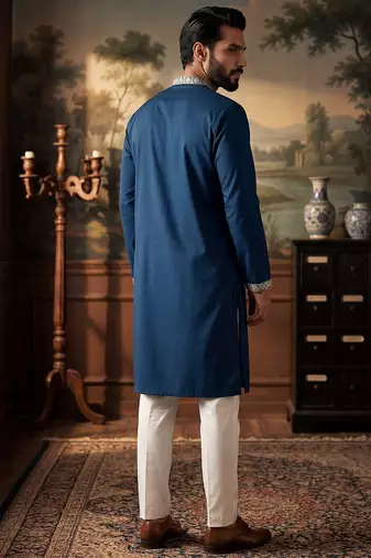 Mens silk blend blue solid embroidered calf length straight kurta with trousers