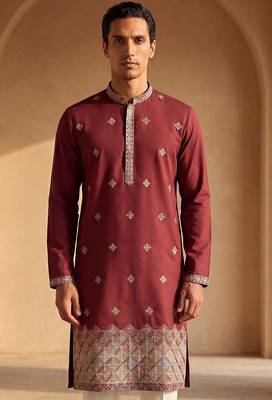 Mens silk blend maroon solid embroidered calf length straight kurta with trousers 5