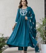 Women's Beautiful Embroidery Work Chinon Fabric Flared Anarkali Pant and Dupatta Set